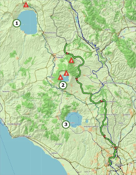 Kaart vulkanische meren en toppen, fietsroute Rome